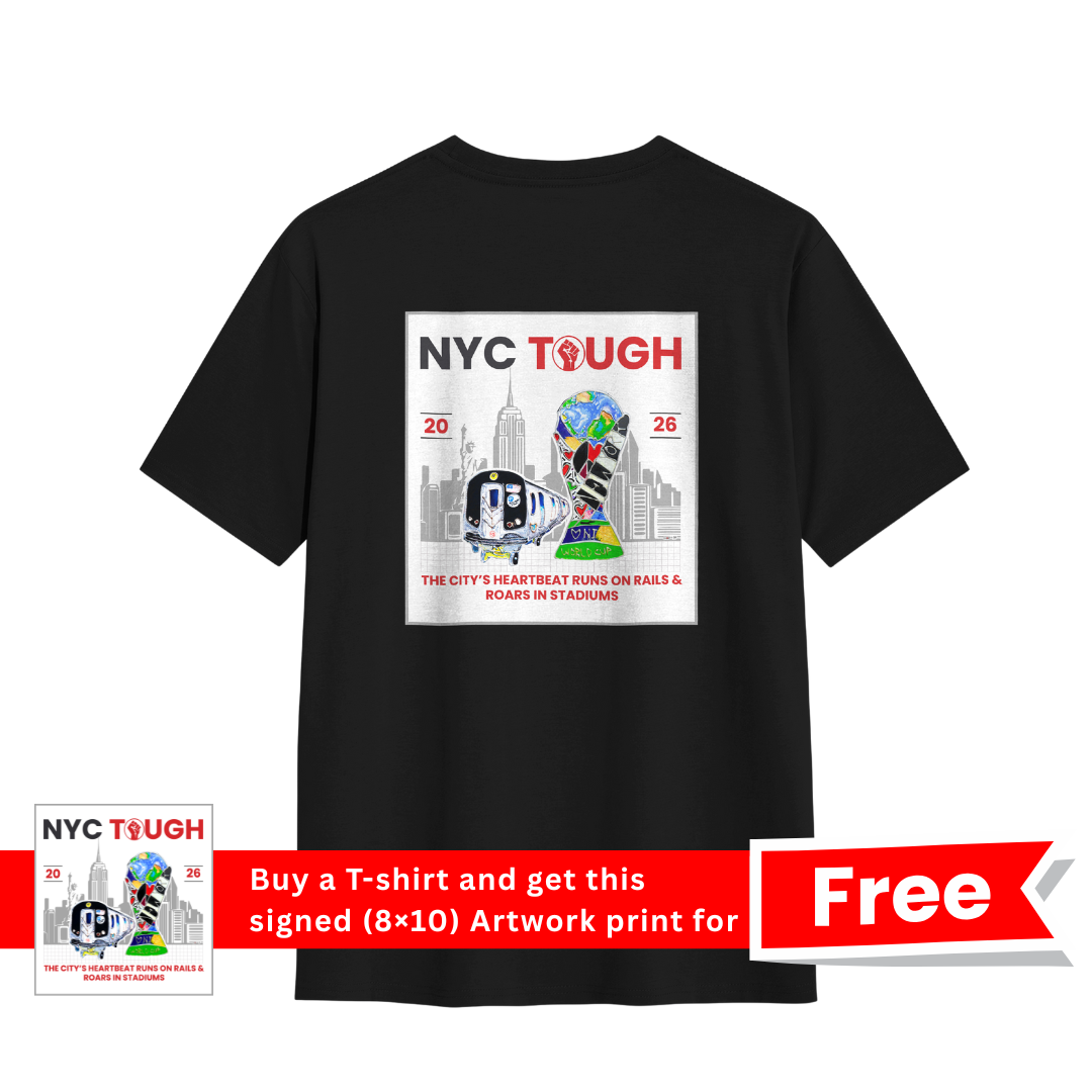 NYC Tough – Trophy & Subway, White Frame, Gray Skyline v3